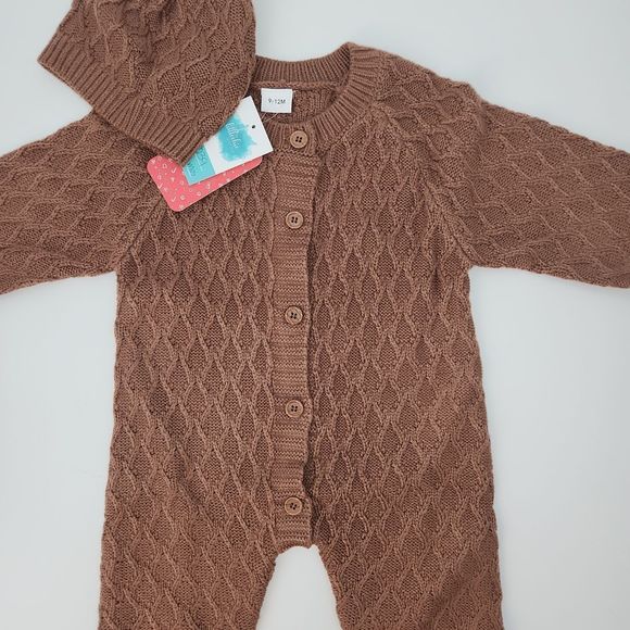 BABY Gender Neutral Brown Winter Cable Knit Jumpsuit & Hat By Littlechic … - Picture 2 of 8